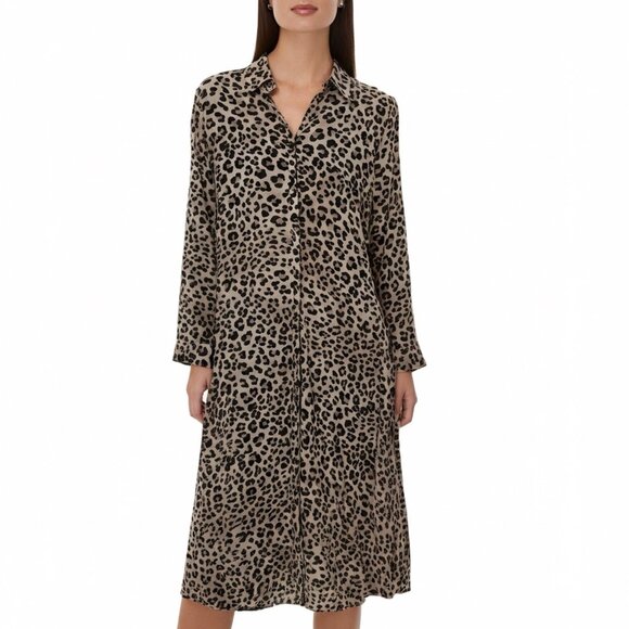 Chico’s Leopard Print Maxi Shirt Dress Semi Sheer Split Hem Sz 1 Relaxed Fit - Picture 1 of 4